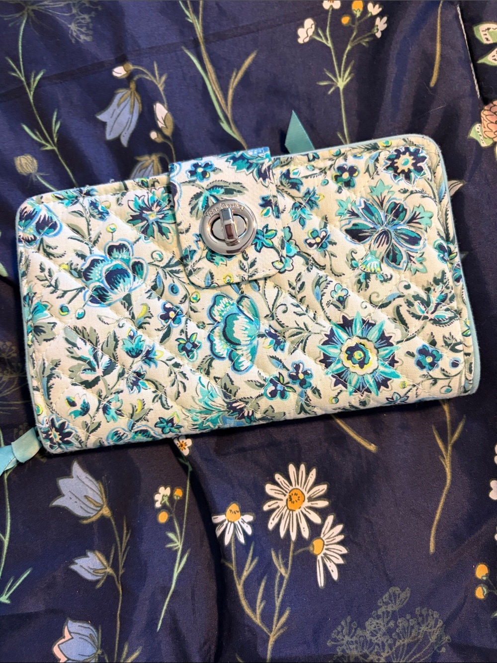 Vera Bradley Teal and Light Blue Floral Quilted Zip Wallet